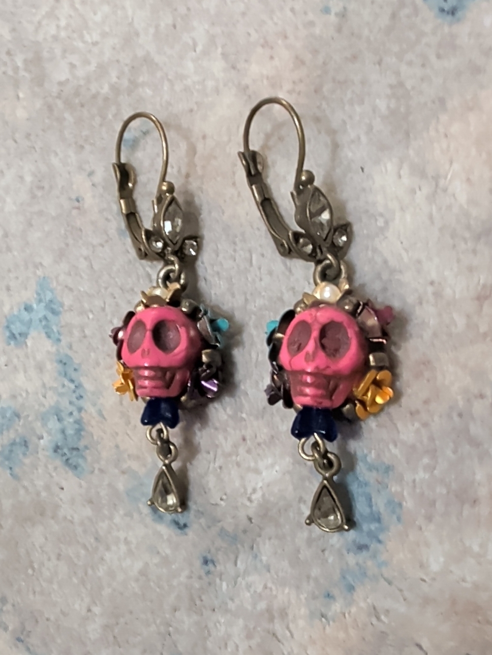 Retro Sweet Romance Skull and Crystal Day of the Dead Teardrop Earrings